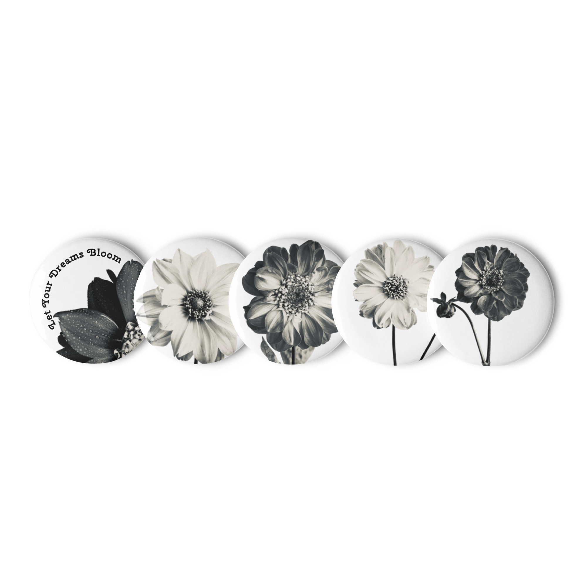 Black & White Dahlia Black & White Dahlia button pins – 1.25″ (front view)