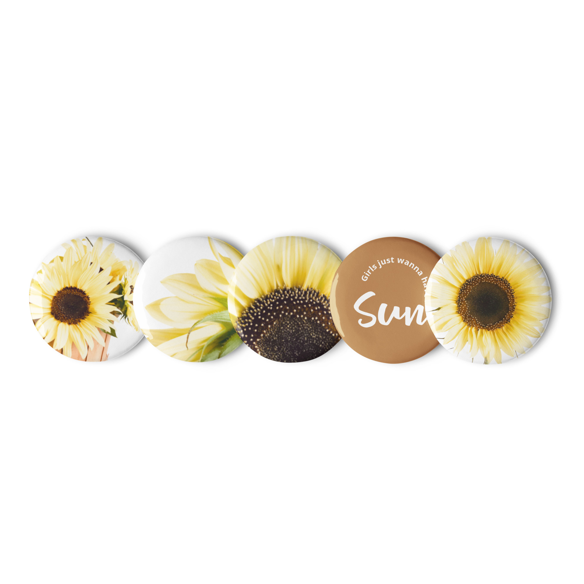 Sunflower Sunflower button pins – 1.25″ (front view)