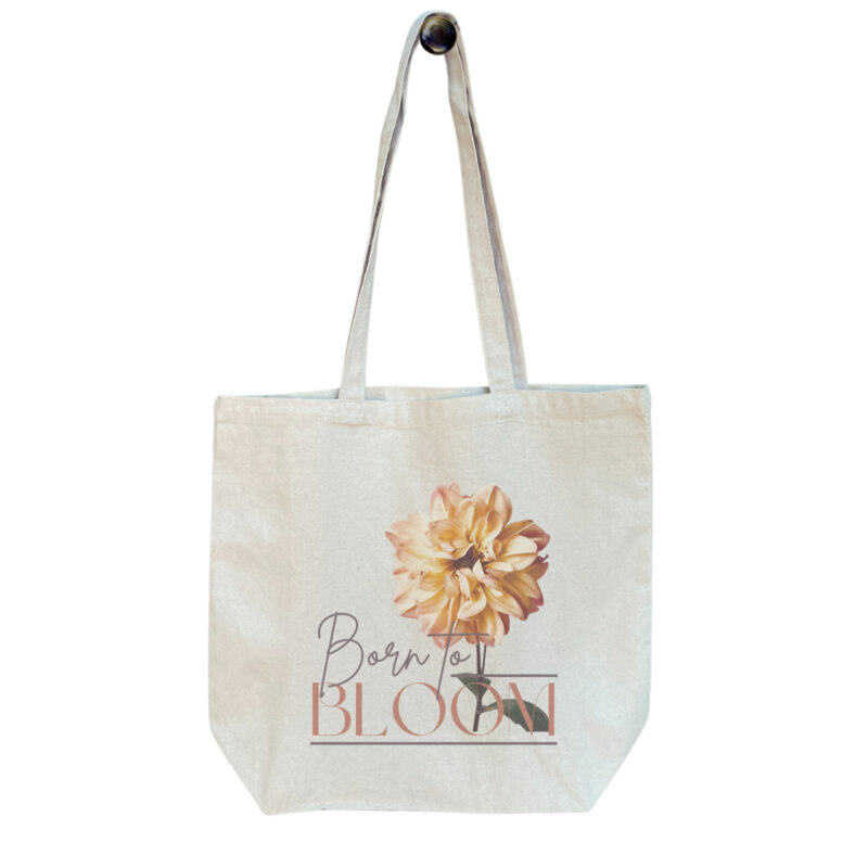 Born to Bloom — Golden Dahlia Standard Tote tote bags – Natural (hanging)