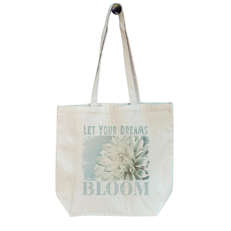 Dream Bloom — Teal Dahlia Standard Tote tote bags – Natural (hanging)