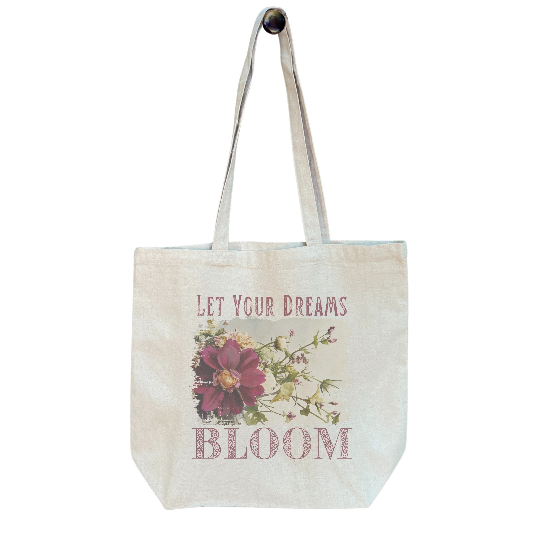 Dream Bloom — Scarlet Cosmos Standard Tote tote bags – Natural (hanging)