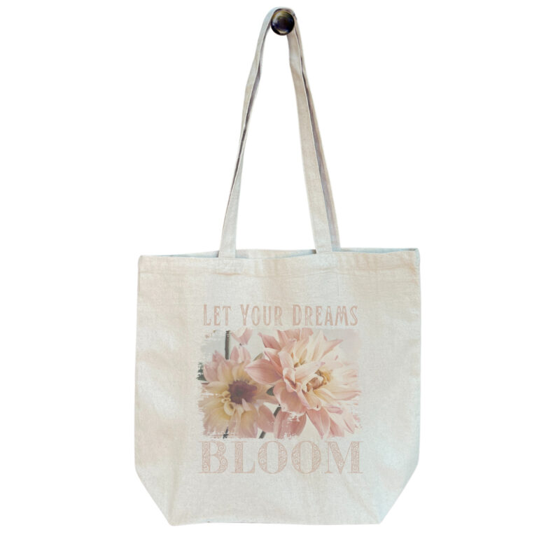 Dream Bloom — Blush Dahlia Standard Tote tote bags – Natural (hanging)