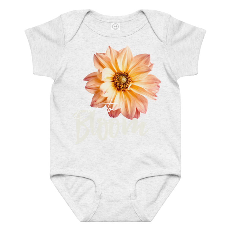 Peach Dahlia – Born to Bloom baby bodysuit – Ash (front view)