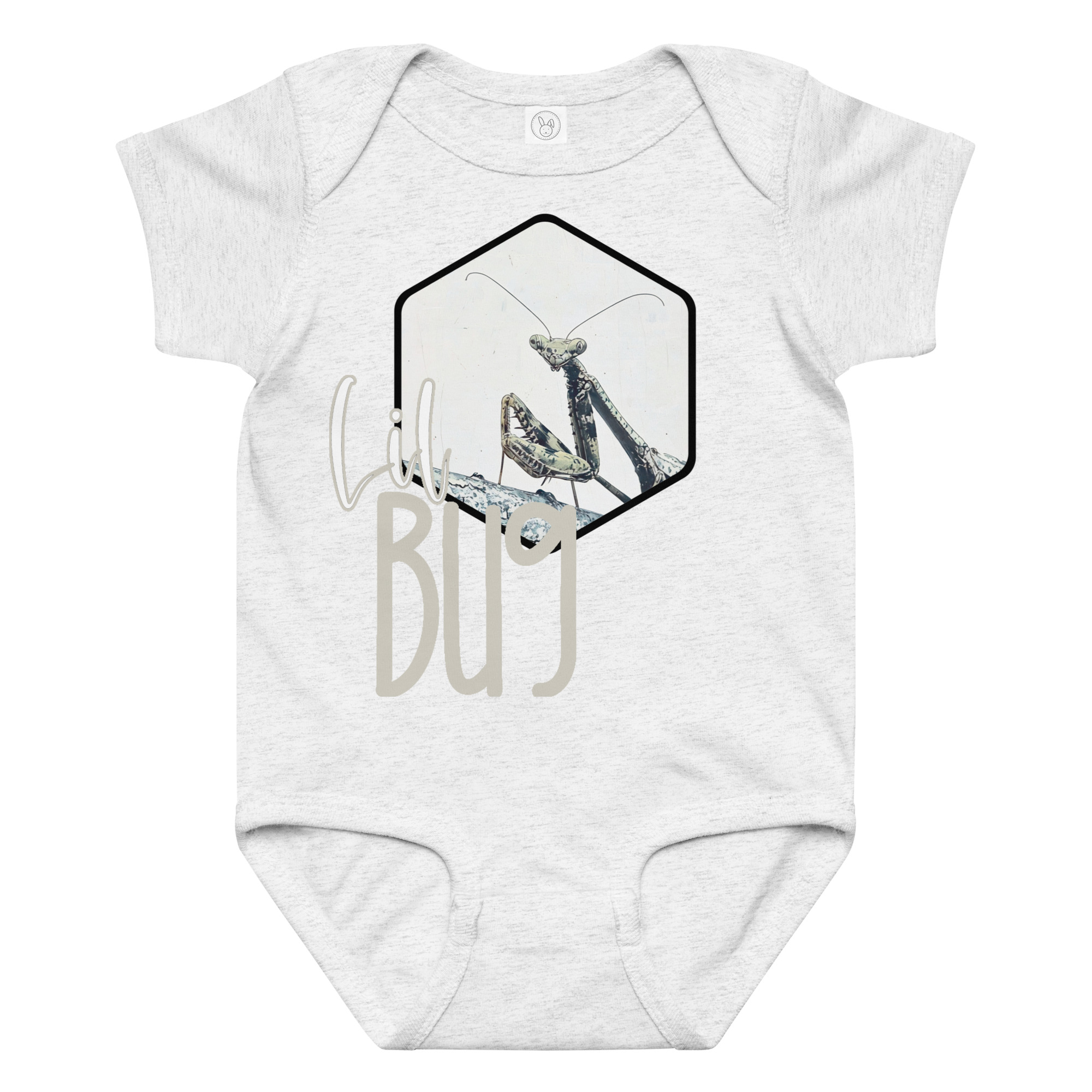 Praying Mantis No.2 – Lil Bug Praying Mantis No.2 – Lil Bug baby bodysuit – Ash (front view)