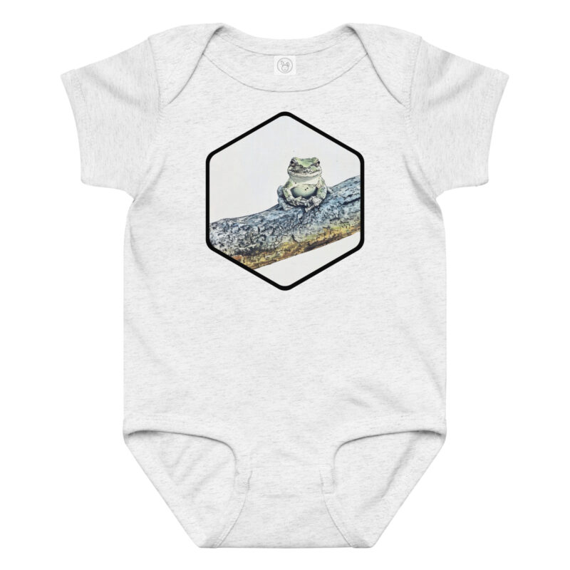 Tree Frog baby bodysuit – Ash (front view)