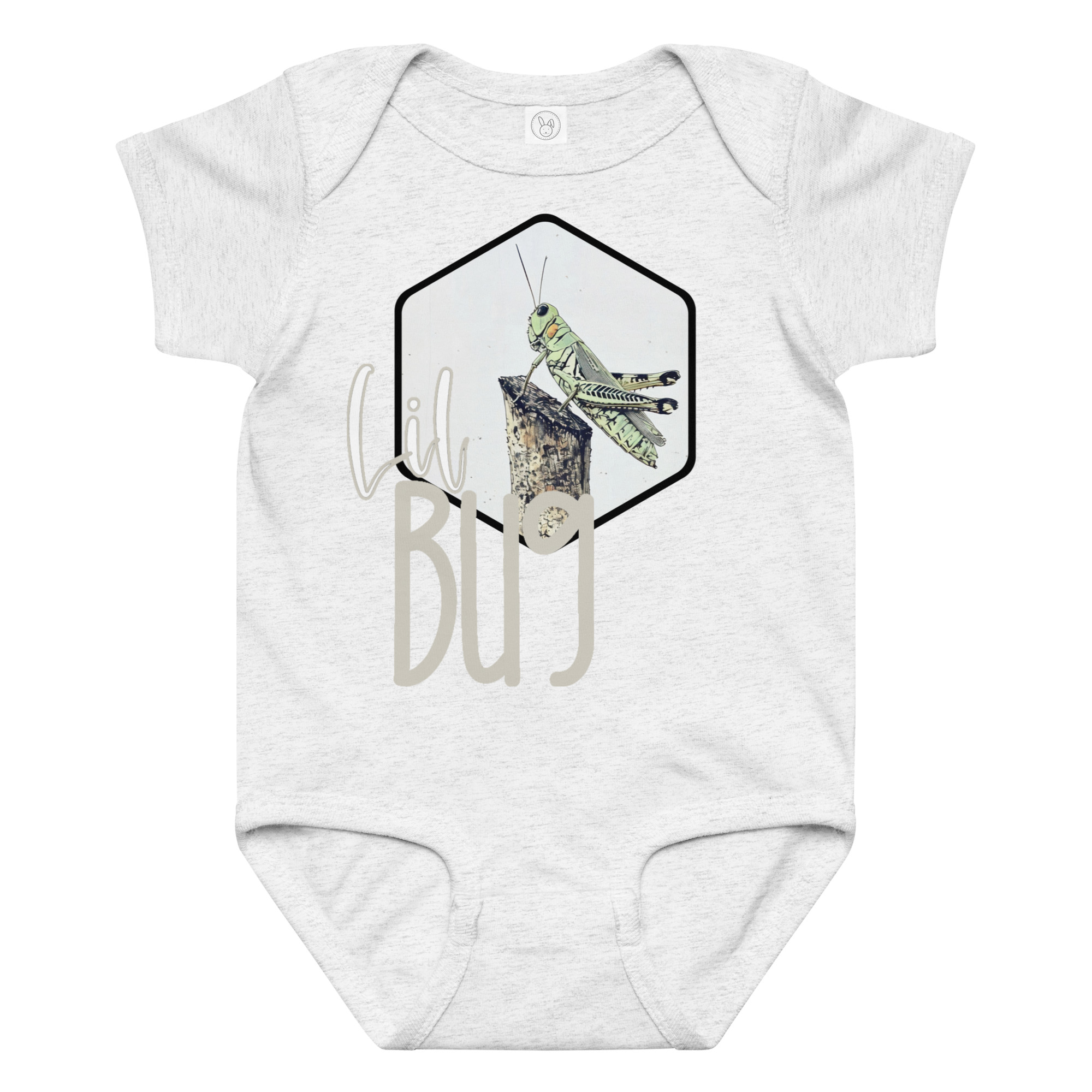 Grasshopper – Lil Bug Grasshopper – Lil Bug baby bodysuit – Ash (front view)