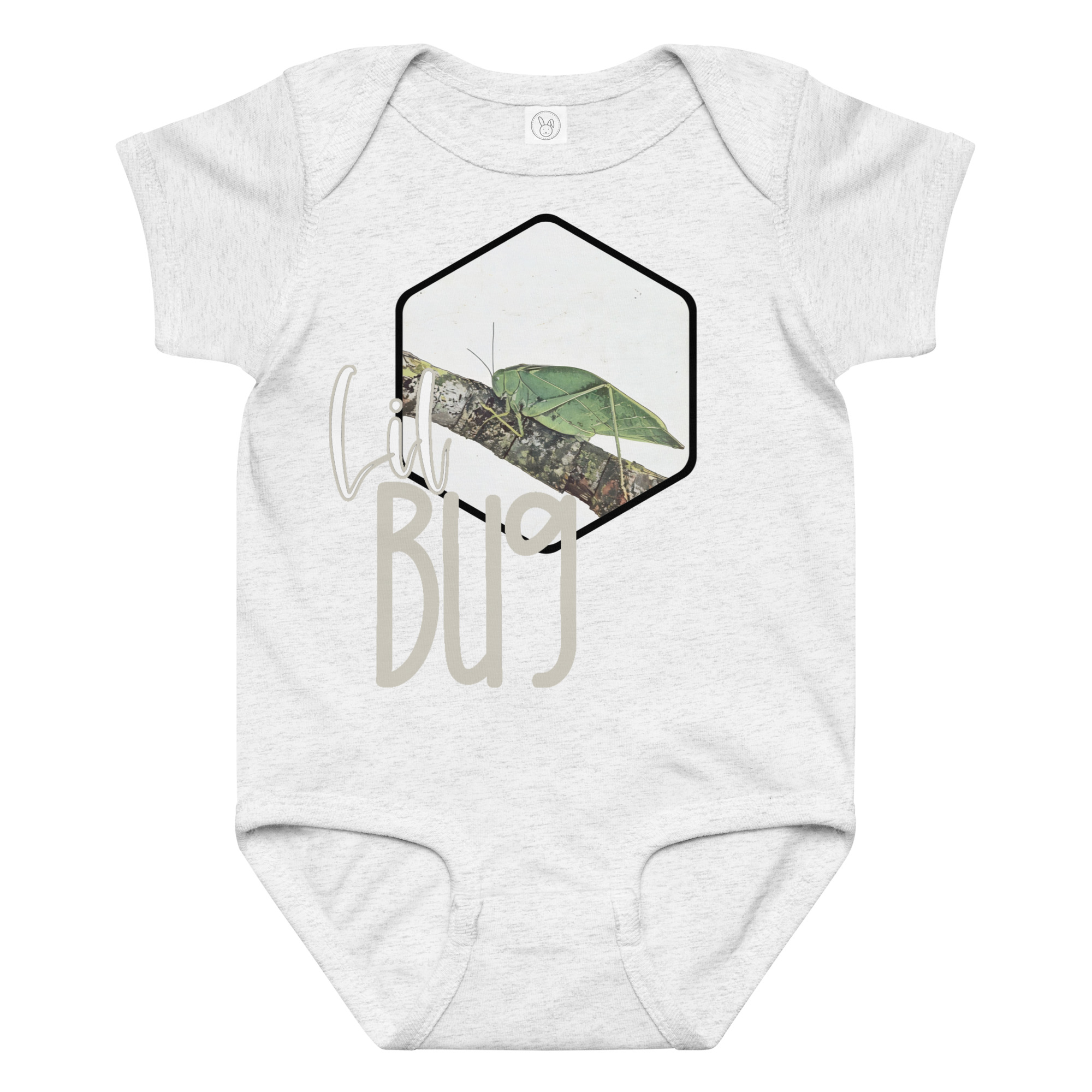 Katydid – Lil Bug baby bodysuit – Ash (front view)