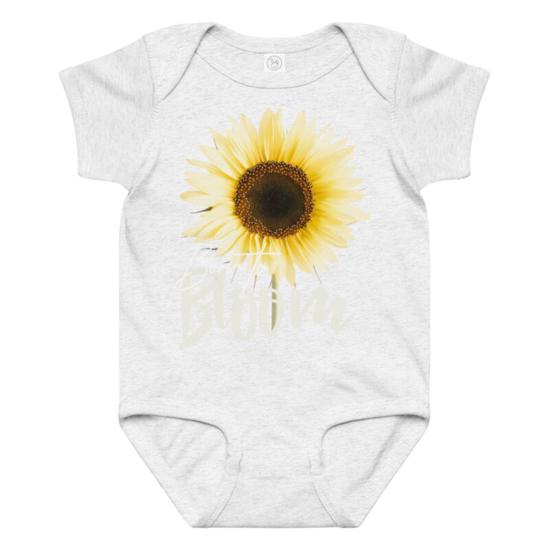 Sunflower – Born to Bloom baby bodysuit – Ash (front view)