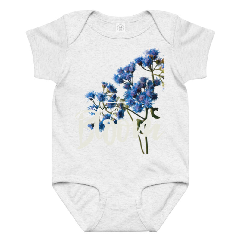 Blue Mistflower – Born to Bloom baby bodysuit – Ash (front view)