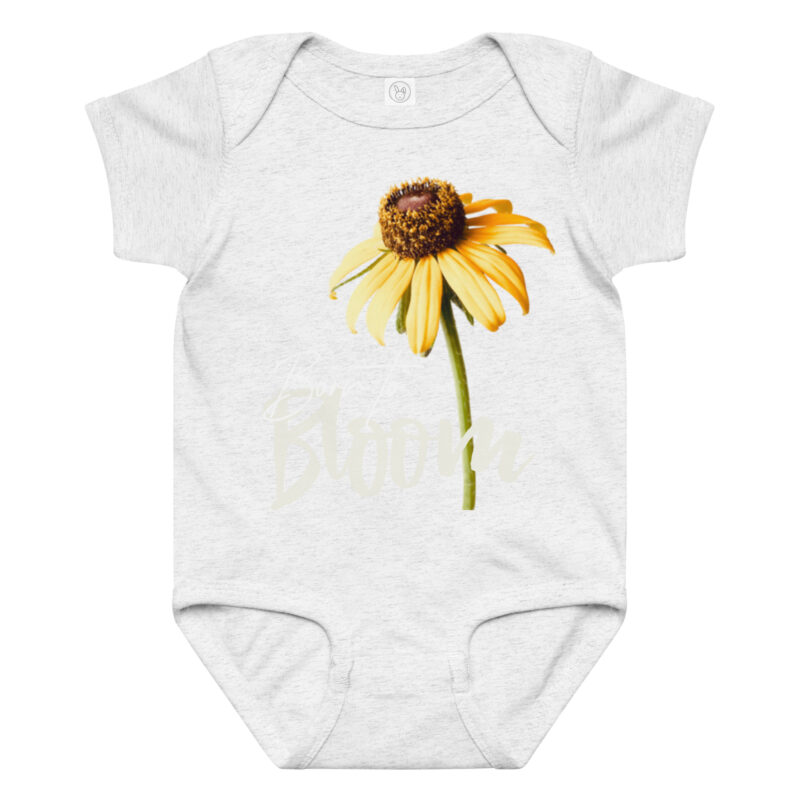 Brown-Eyed Susan – Born to Bloom baby bodysuit – Ash (front view)
