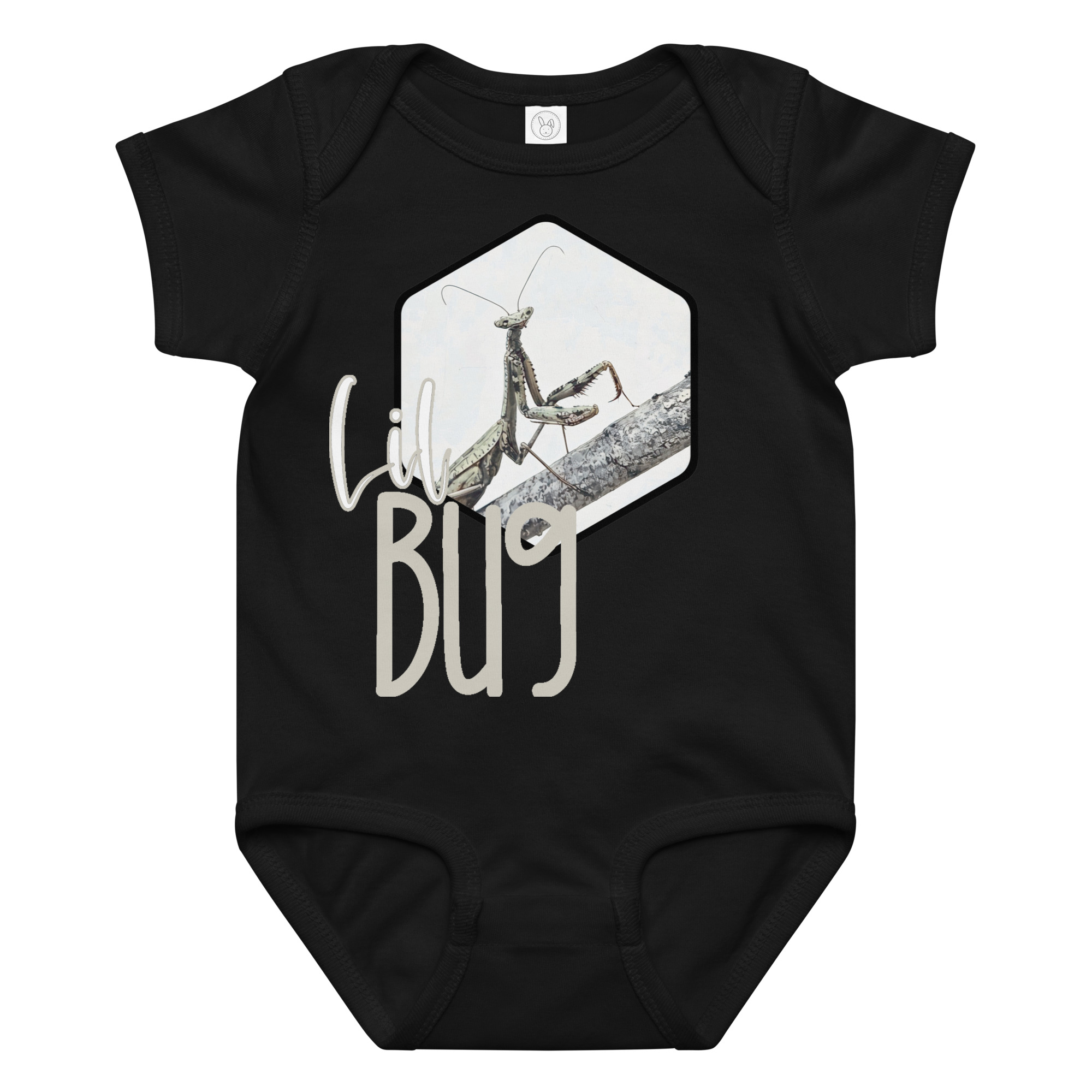 Praying Mantis – Lil Bug Praying Mantis – Lil Bug baby bodysuit – Ash (front view)
