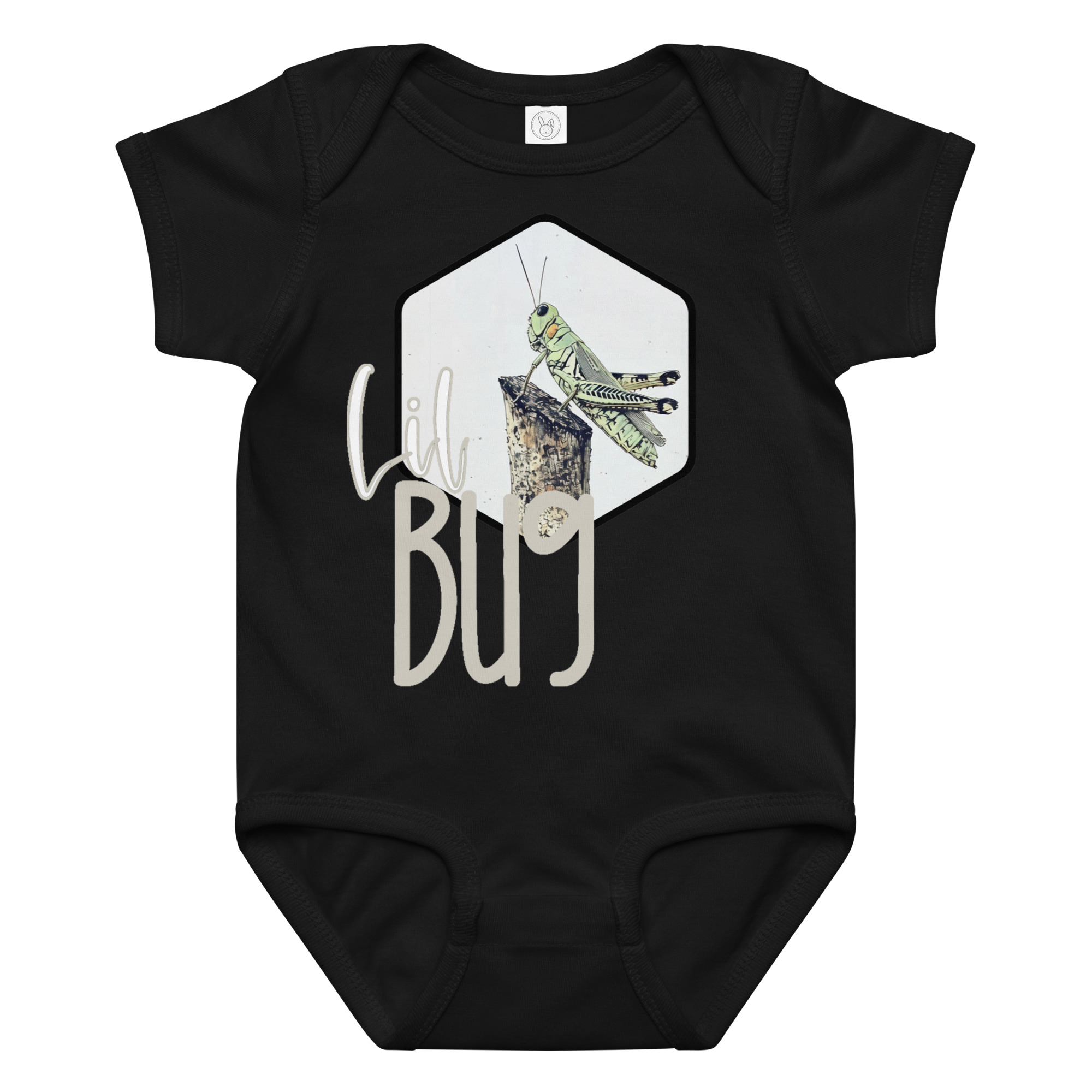 Grasshopper – Lil Bug Grasshopper – Lil Bug baby bodysuit – Ash (front view)