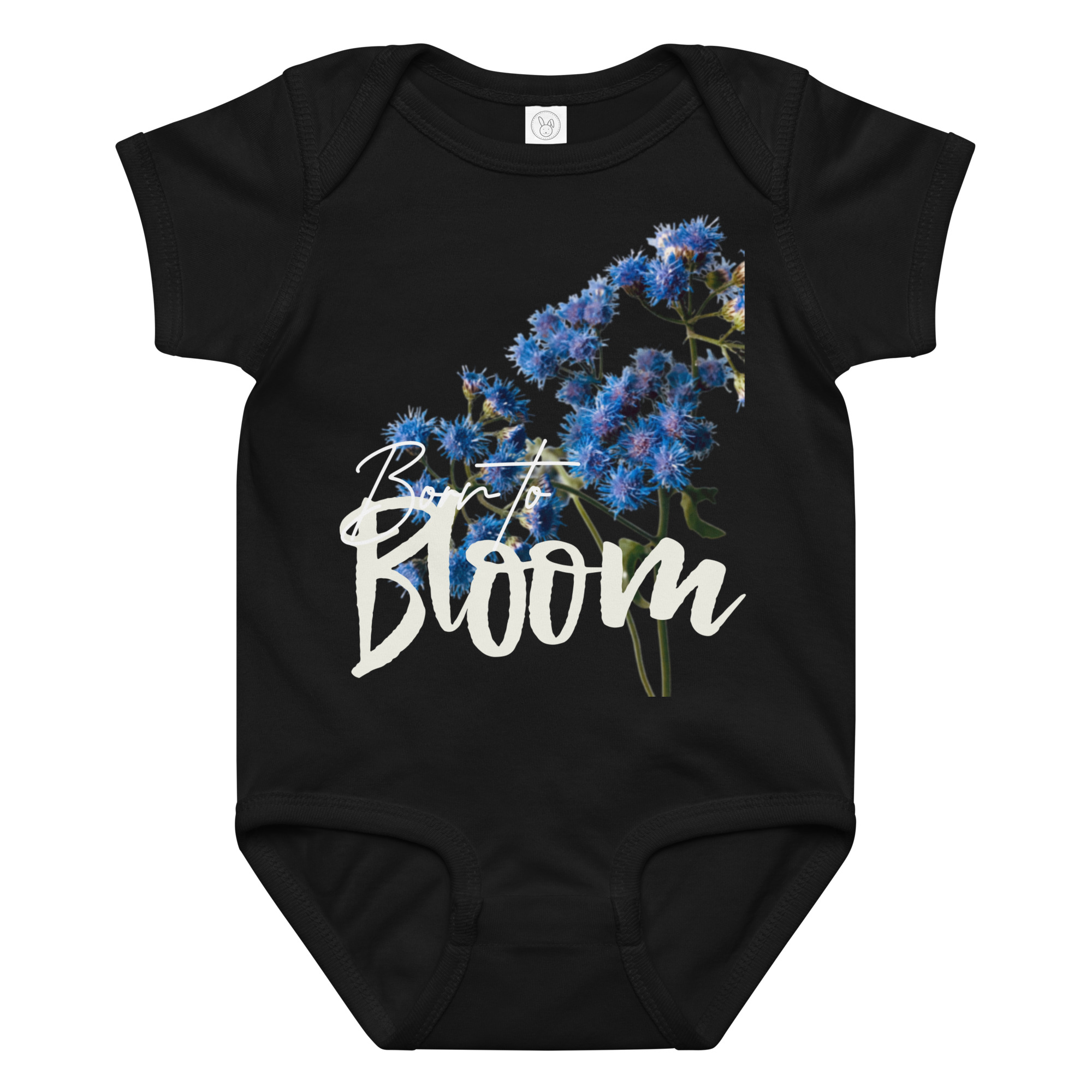 Blue Mistflower – Born to Bloom baby bodysuit – Ash (front view)