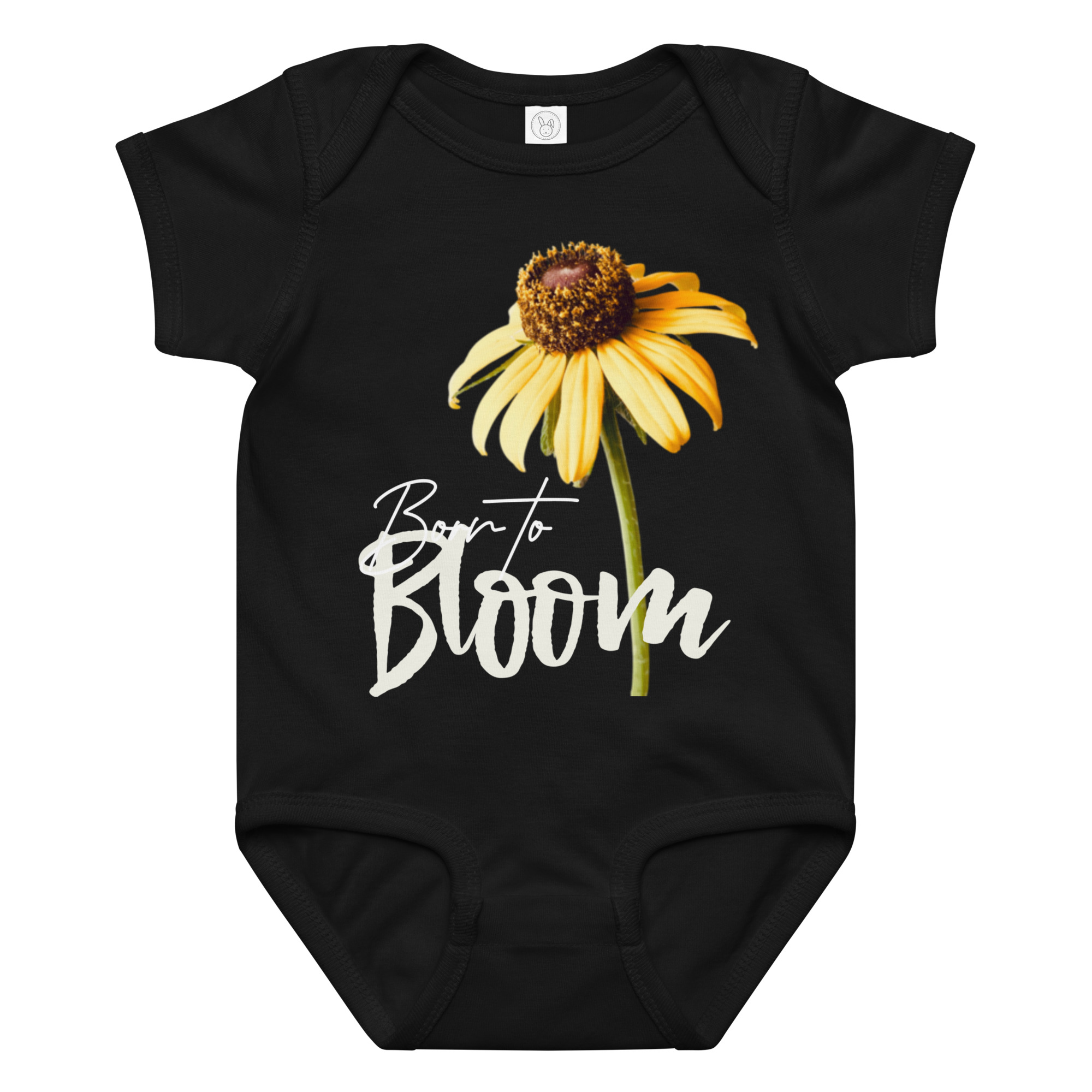 Brown-Eyed Susan – Born to Bloom baby bodysuit – Ash (front view)