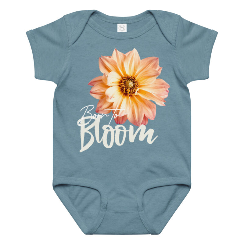 Peach Dahlia – Born to Bloom baby bodysuit – Ash (front view)