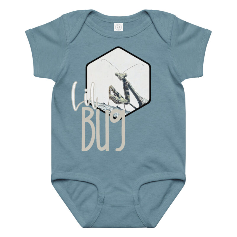 Praying Mantis No.2 – Lil Bug baby bodysuit – Ash (front view)