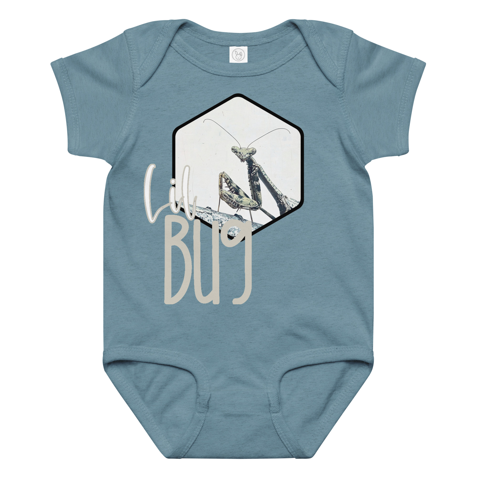 Praying Mantis No.2 – Lil Bug Praying Mantis No.2 – Lil Bug baby bodysuit – Ash (front view)
