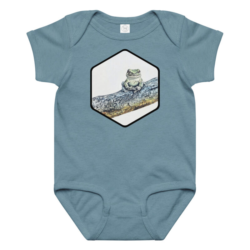 Tree Frog baby bodysuit – Ash (front view)