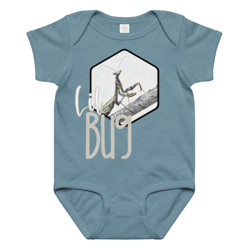 Praying Mantis – Lil Bug baby bodysuit – Ash (front view)