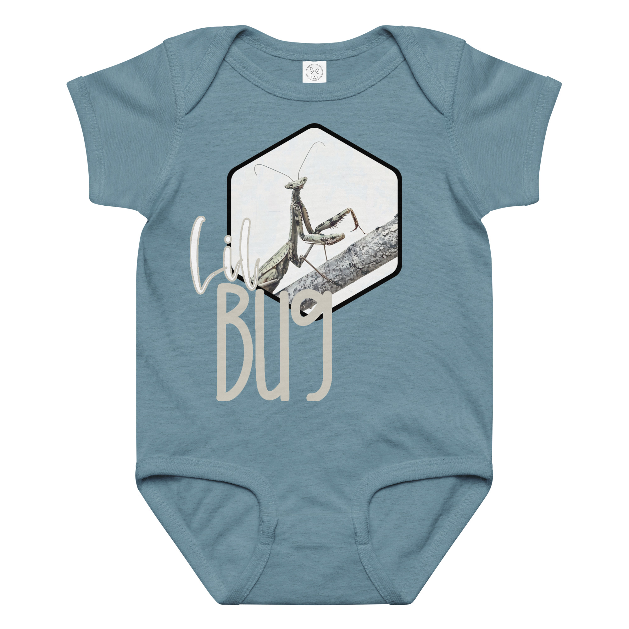Praying Mantis – Lil Bug Praying Mantis – Lil Bug baby bodysuit – Ash (front view)