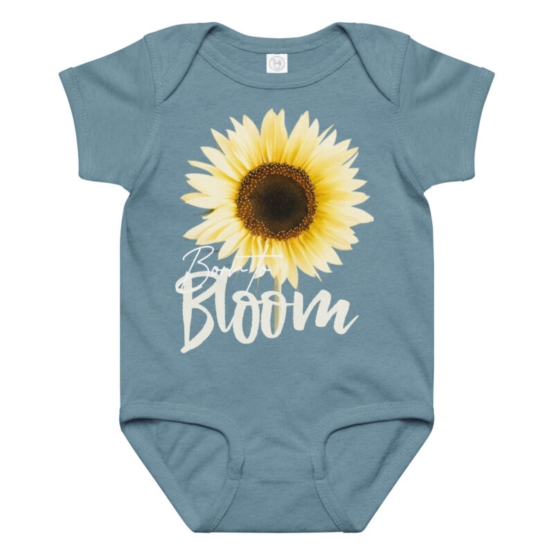 Sunflower – Born to Bloom baby bodysuit – Ash (front view)