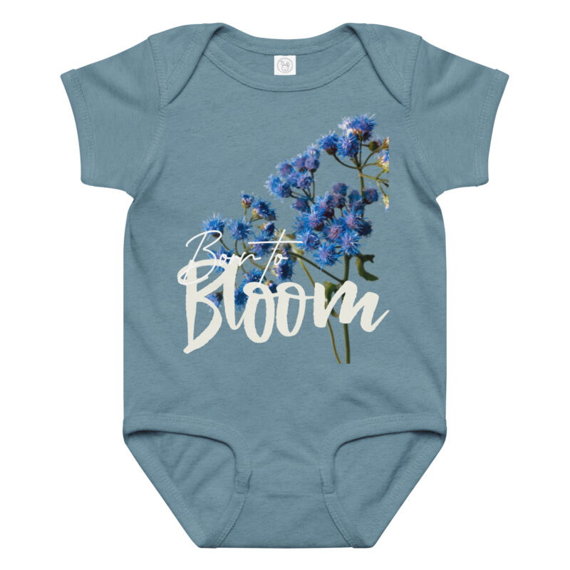 Blue Mistflower – Born to Bloom baby bodysuit – Ash (front view)