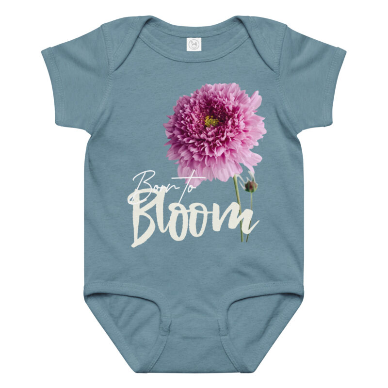 Double Cosmos – Born to Bloom baby bodysuit – Ash (front view)