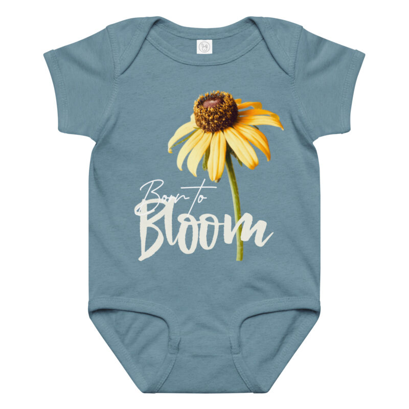 Brown-Eyed Susan – Born to Bloom baby bodysuit – Ash (front view)
