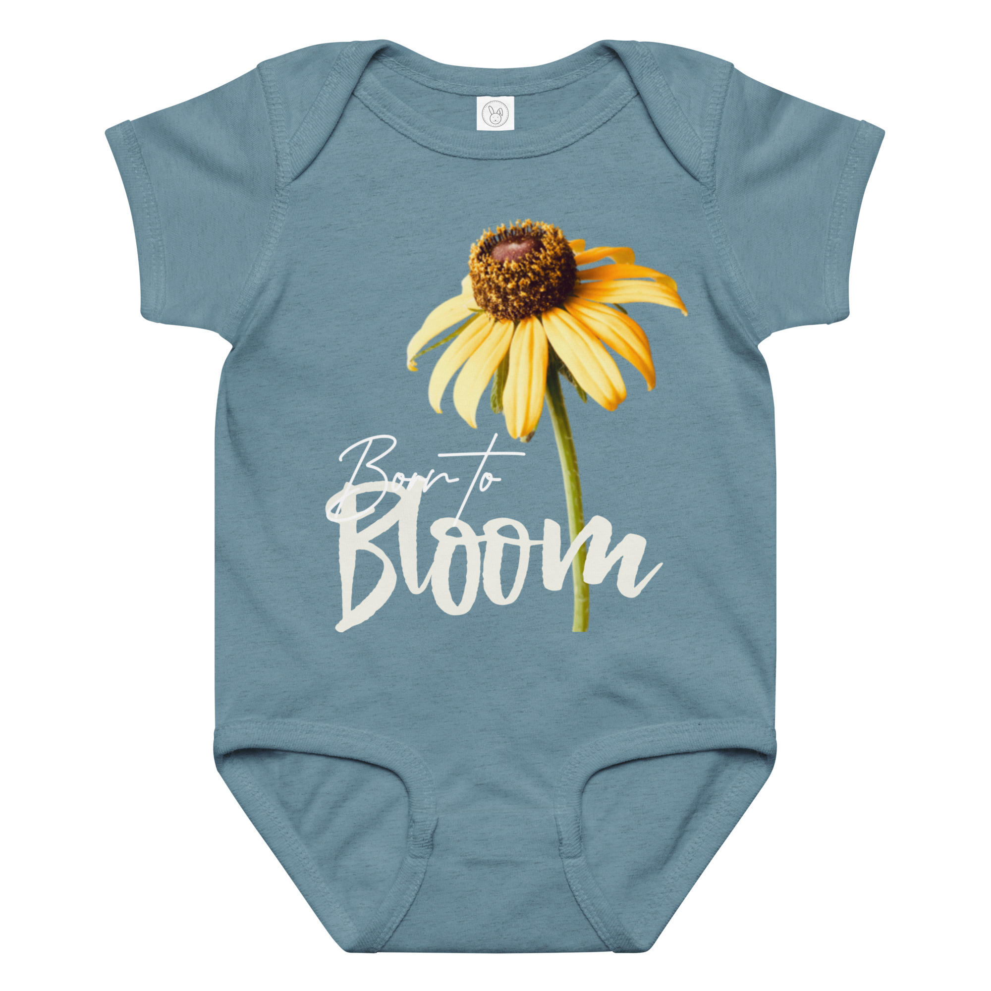 Brown-Eyed Susan – Born to Bloom baby bodysuit – Ash (front view)