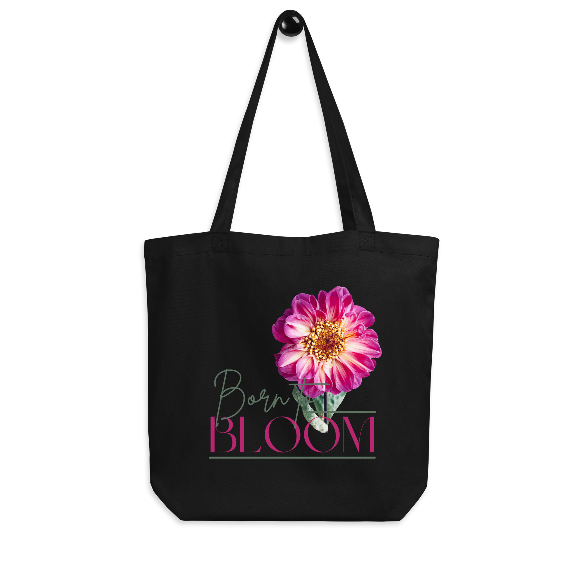 Born to Bloom – Pink Dahlia – Organic Tote tote bags – Black (front view)