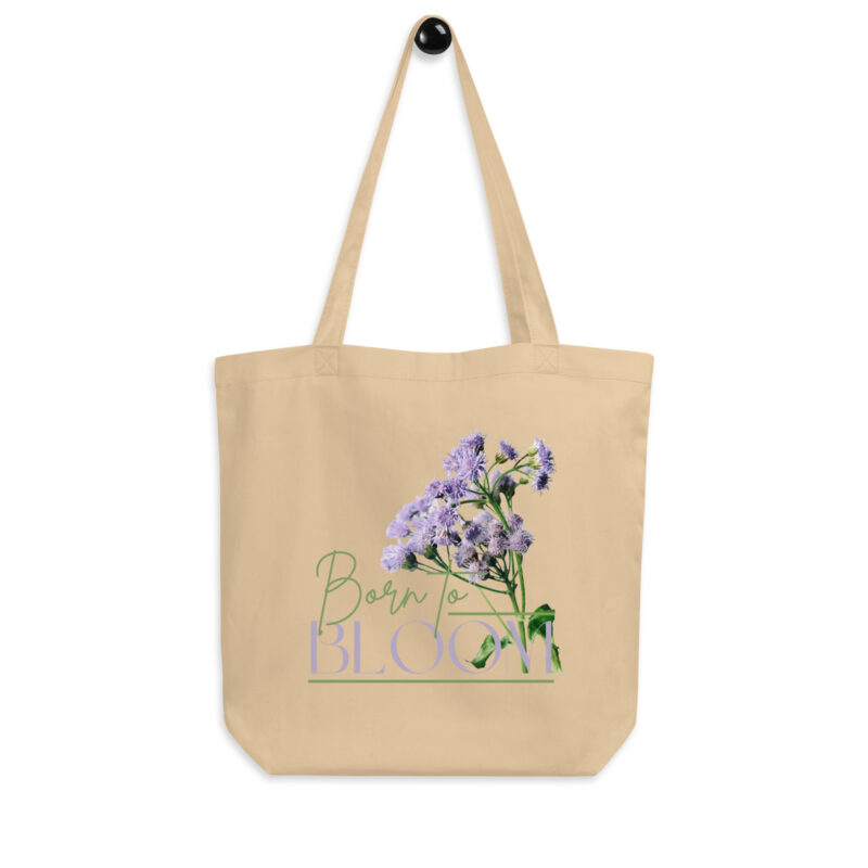 Born to Bloom – Blue Mistflower – Organic Tote tote bags – Black (front view)