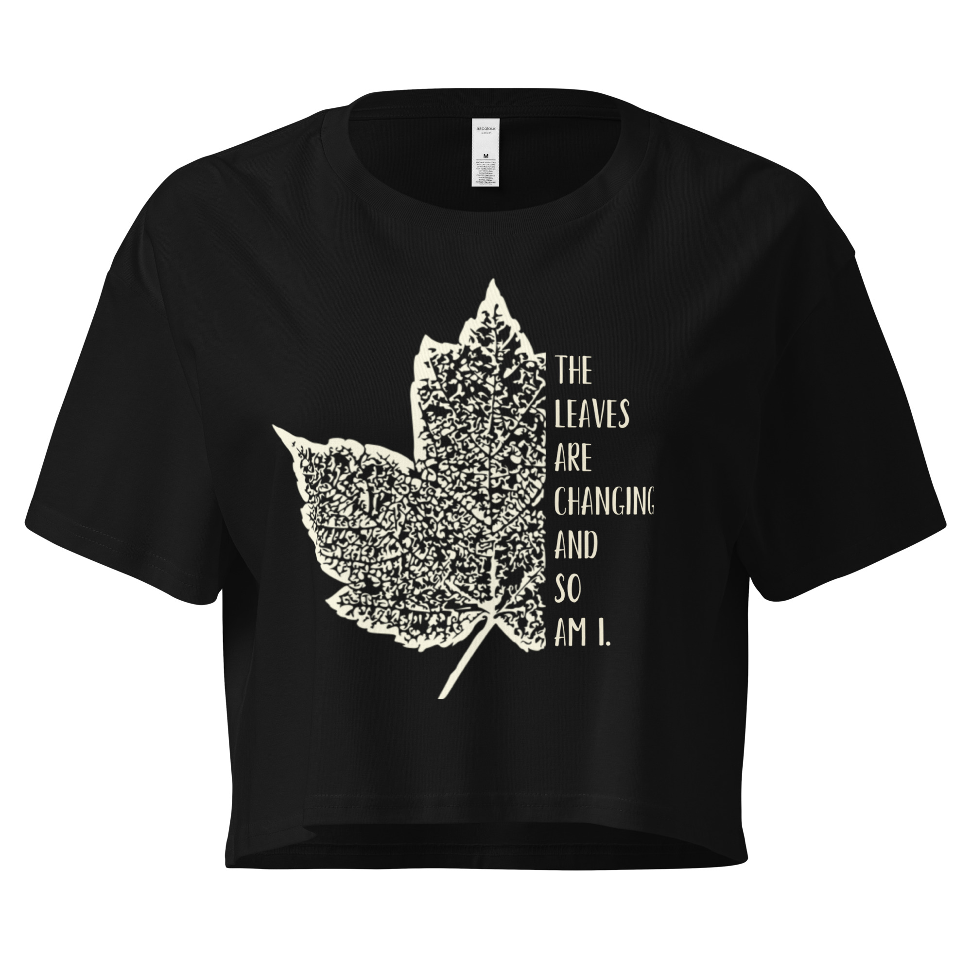 Leaves of Change – Black Crop Tee (front view)