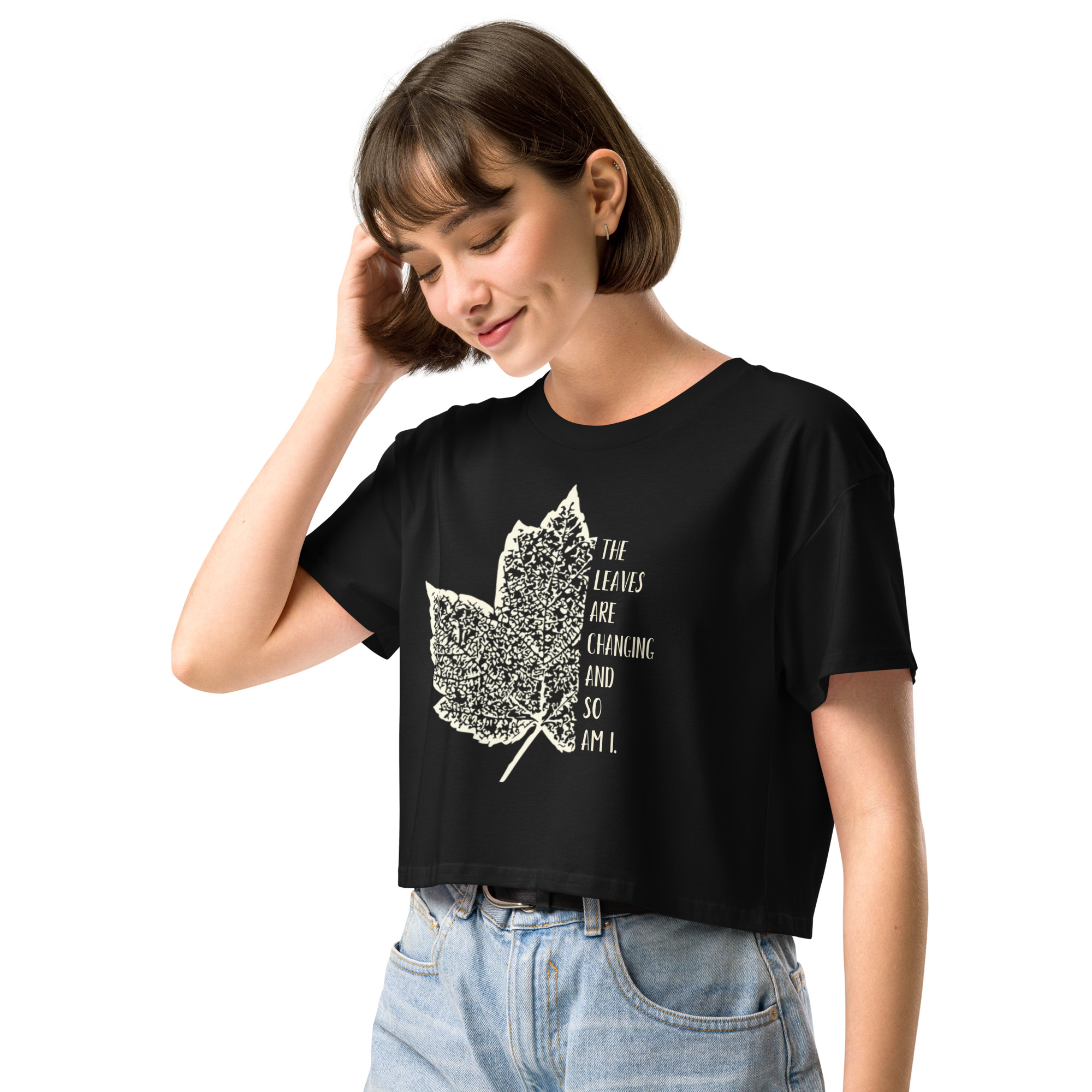 Leaves of Change – Black Crop Tee (front view)