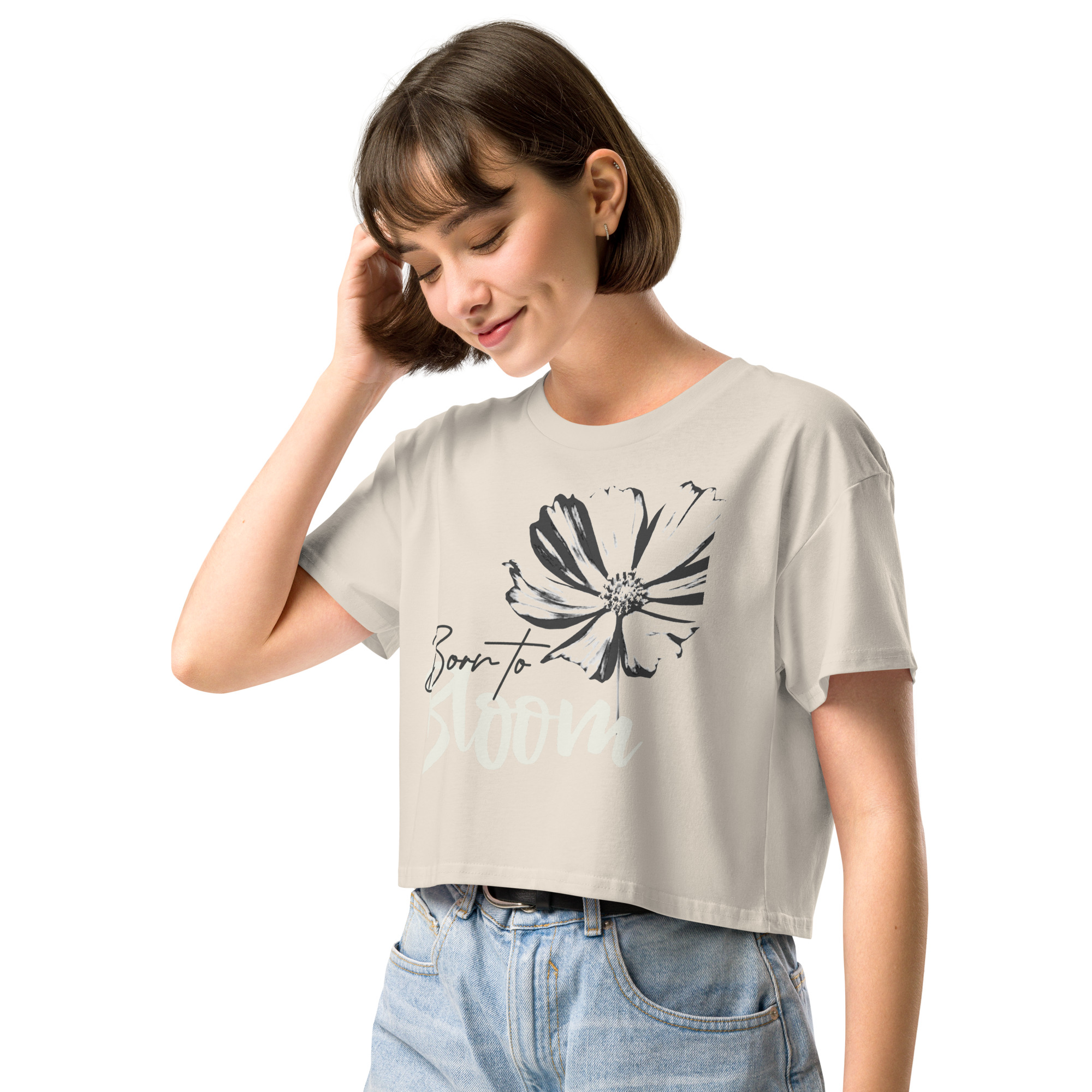 Born to Bloom crop tee – Bone (front view)