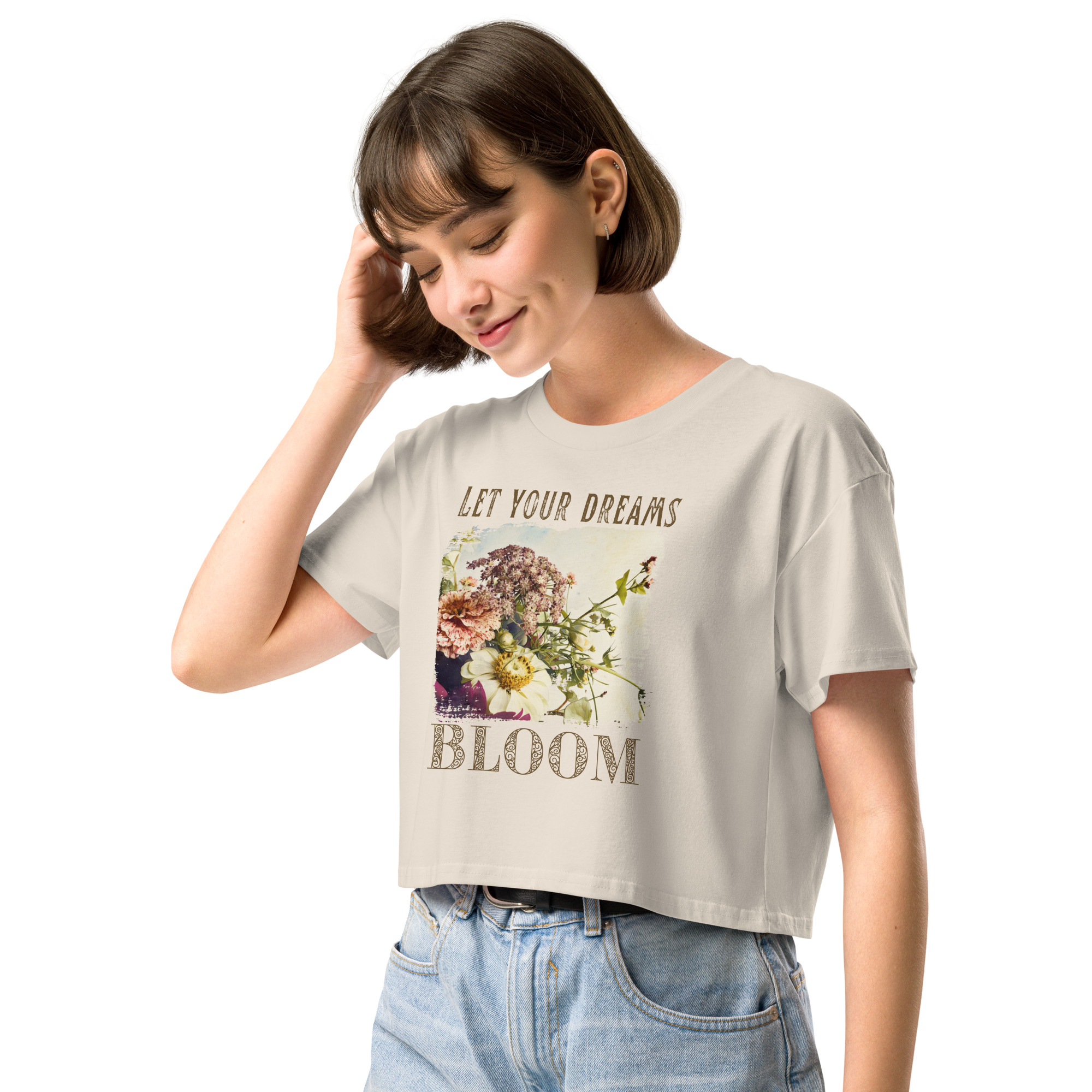 Bloom Together crop tee – Bone (front view)