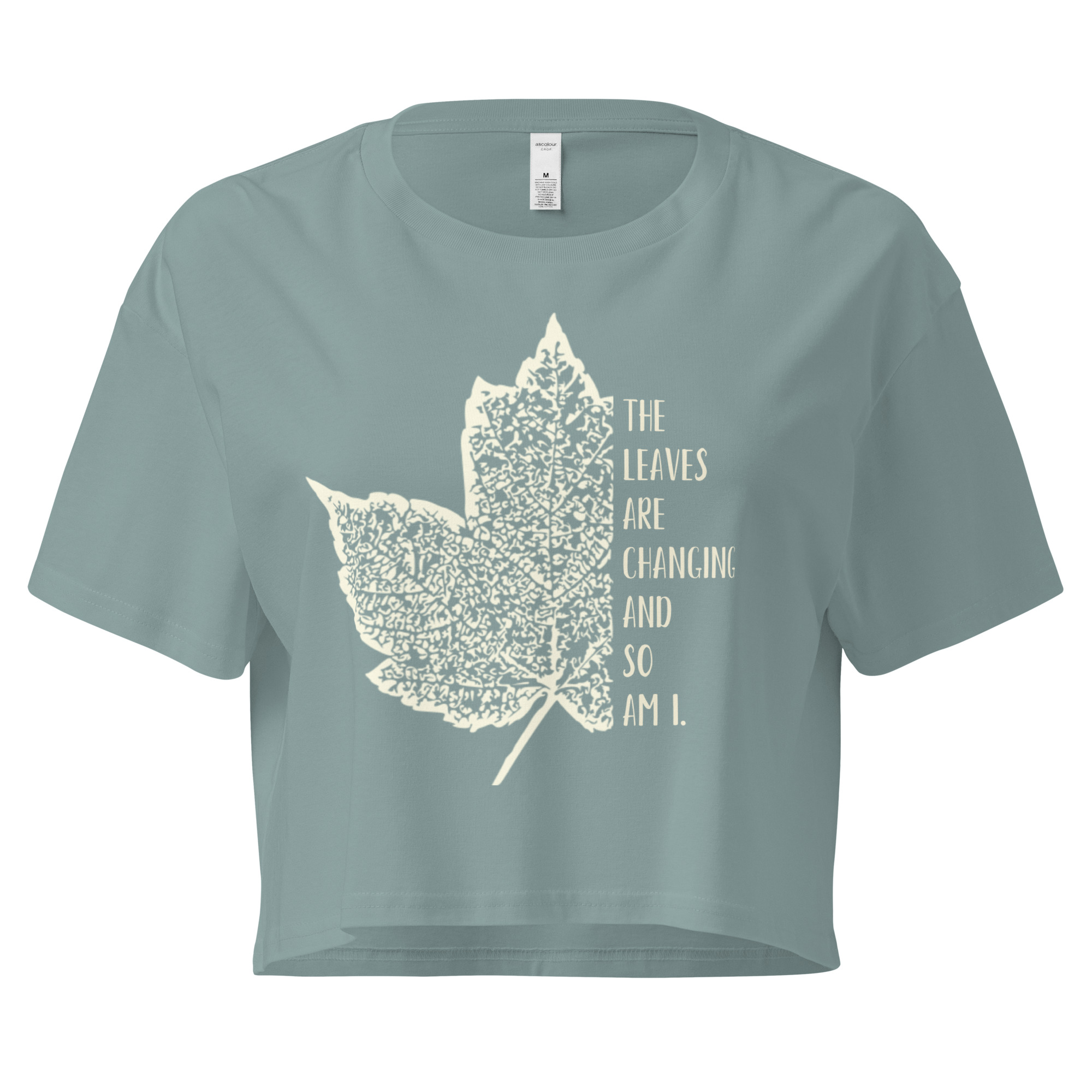 Leaves of Change – Black Crop Tee (front view)