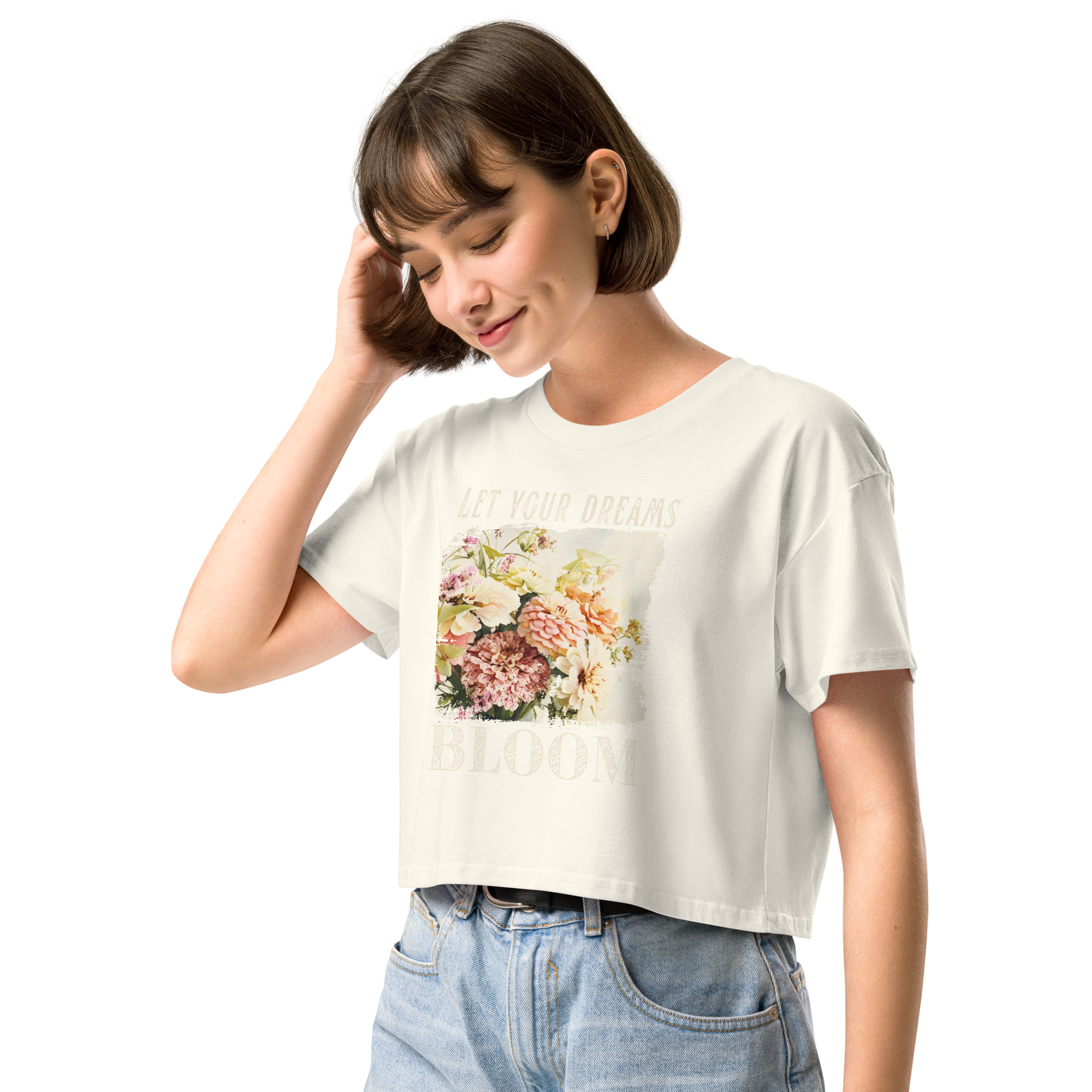Dream Bloom crop tee – Bone (front view)