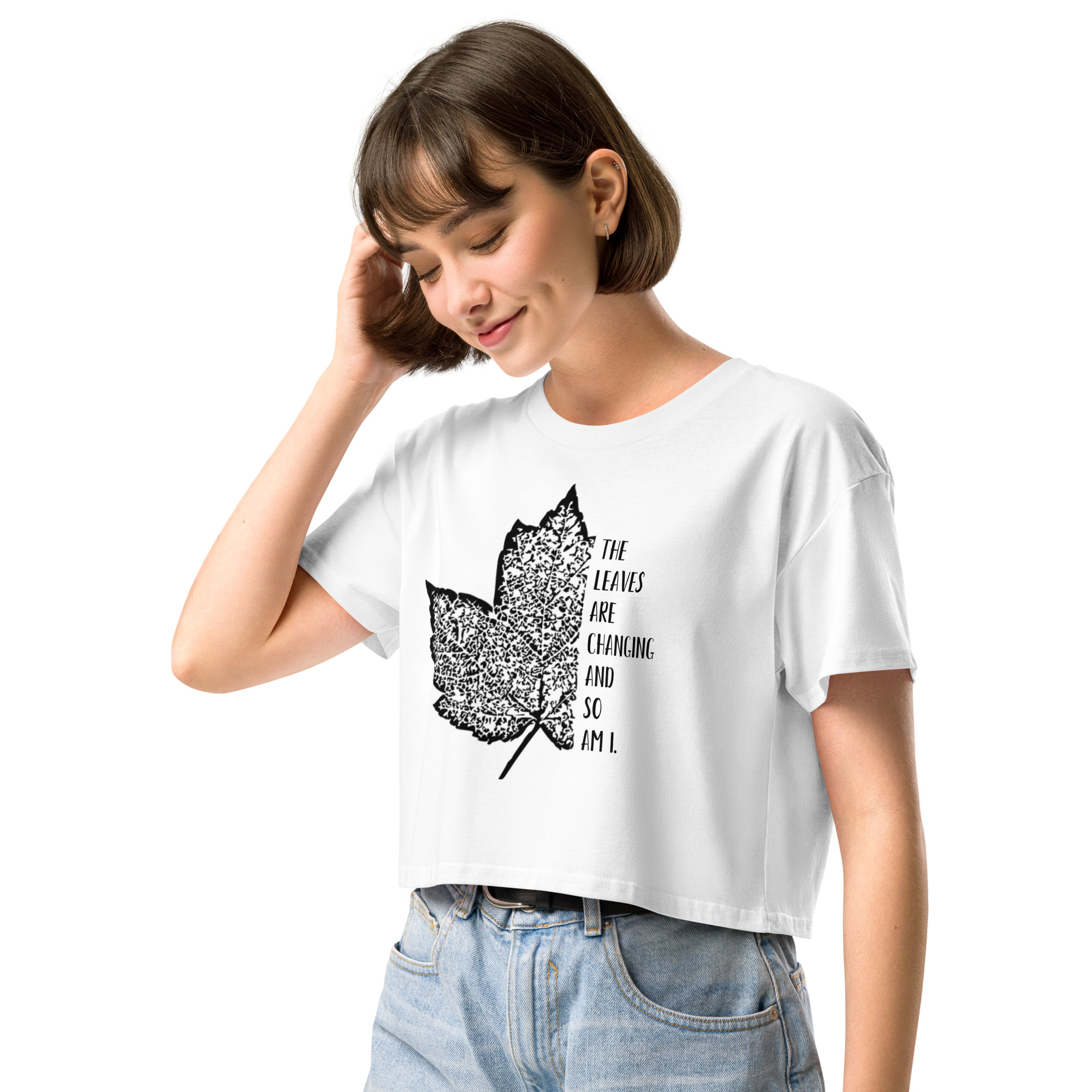 Leaves of Change – Classic Crop Tee – Bone (front view)