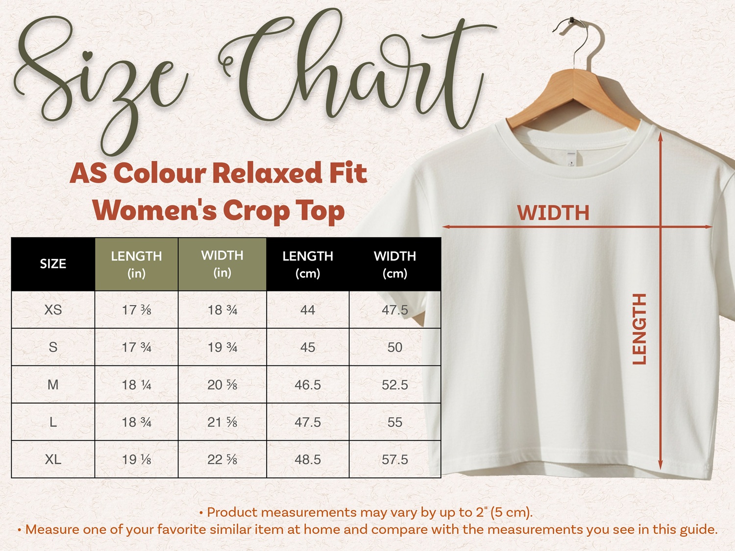 Women’s crop tee size guide with measurements