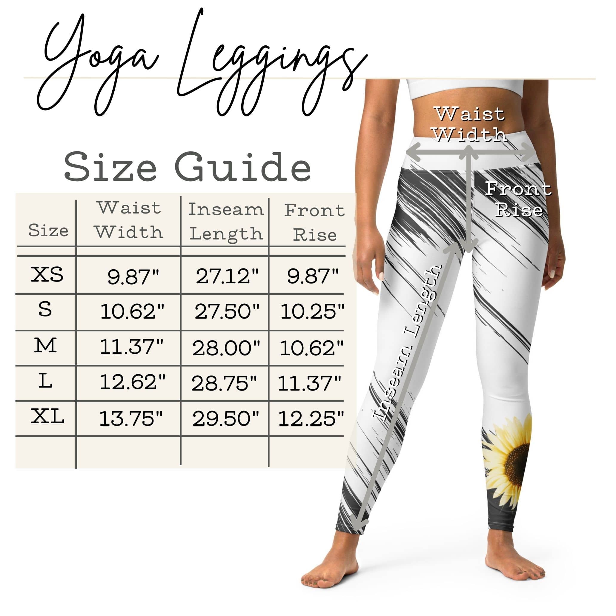 High-waisted yoga leggings size guide with measurements