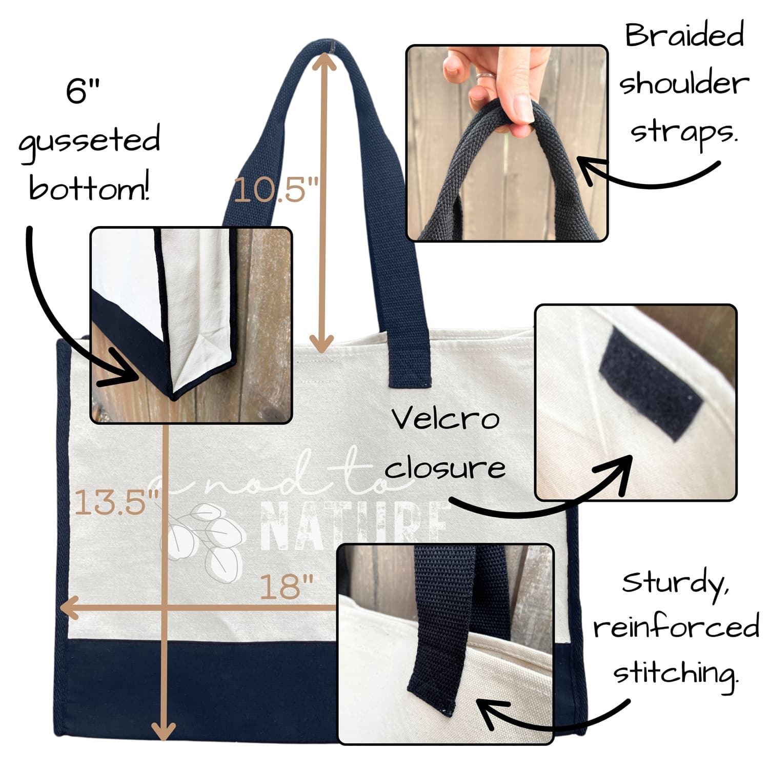 Premium cotton tote bag size guide with dimensions and strap details